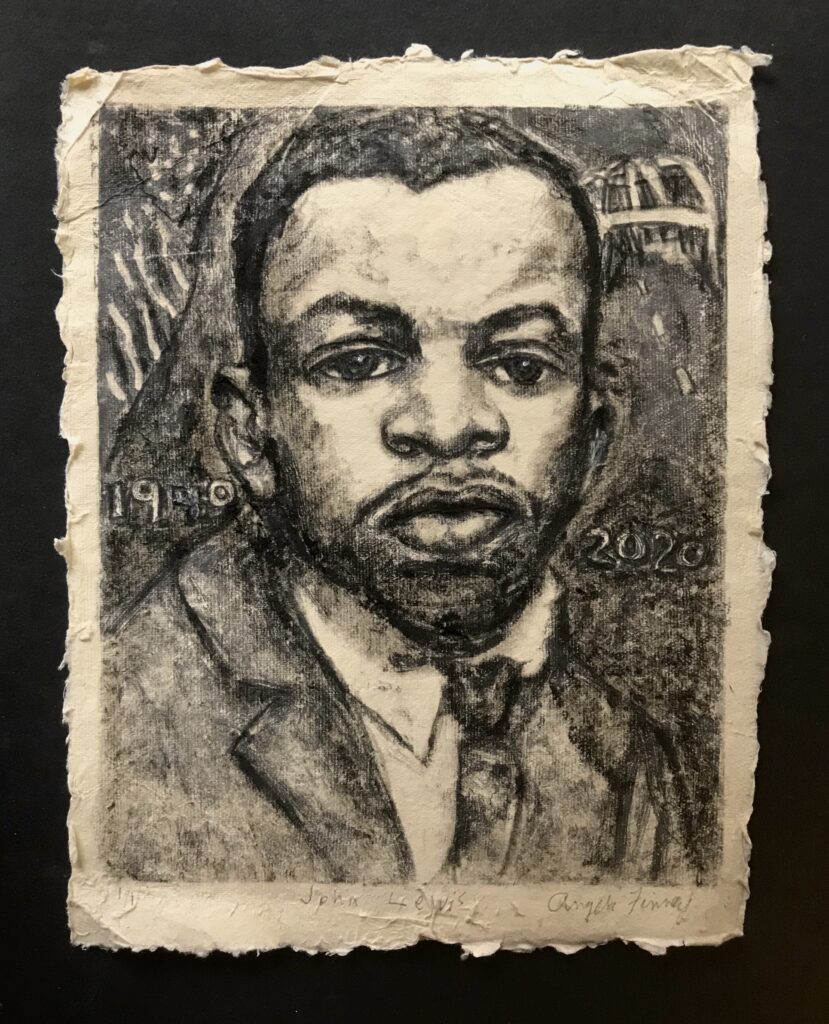 “John Lewis Monoprint”
Akua ink on handmade paper
8 x 10 image with one inch border, but when framed, it would be mounted on a black background with paper edges showing (photo example) thin silver or black frame added
finished size: approximately 11 by 13 inches